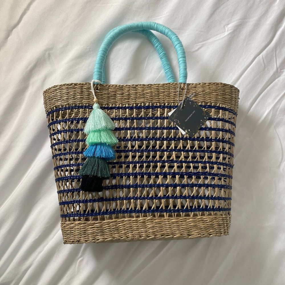 NWT Haute Hippie Rattan Woven Tote Bag Straw Purse in Natural Tan Navy Turquoise - Picture 1 of 4